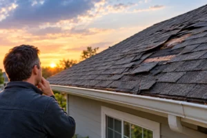 Damaged asphalt shingle roof showing worn and lifted shingles before roof replacement